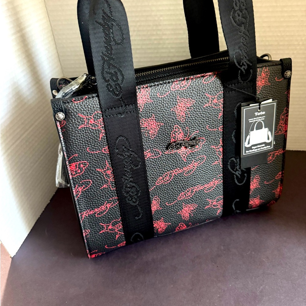 Ed Hardy Black& Red butterfly and heart convertible crossbody tote BNWT